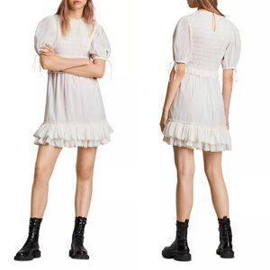 New AllSaints Jaya Smocked Ruffle Ivory Viscose Mini Dress Size 4